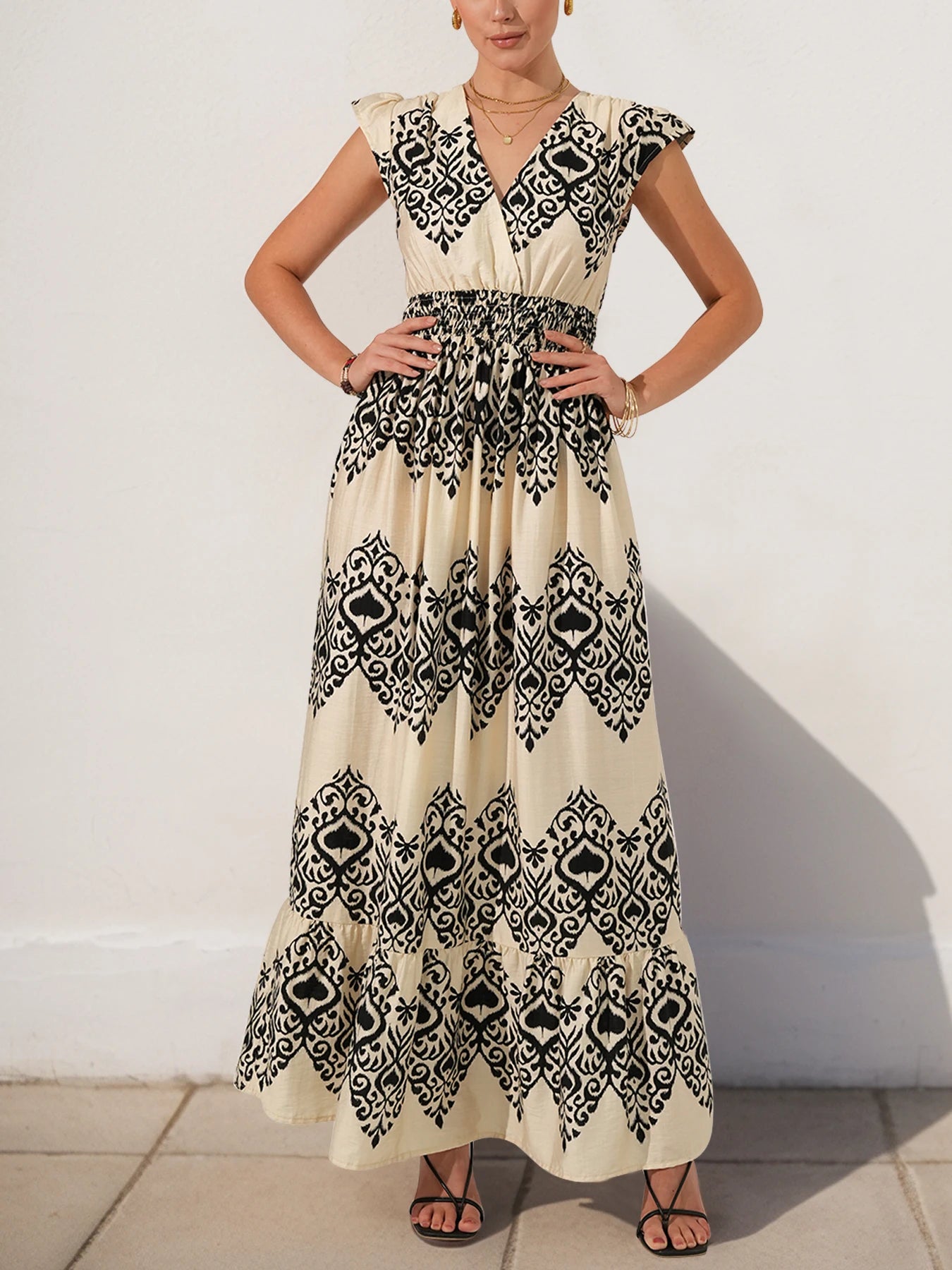 The new ethnic-style printed vacation dress with flying sleeves and a high waist is a hot sale for women in the summer of 2025