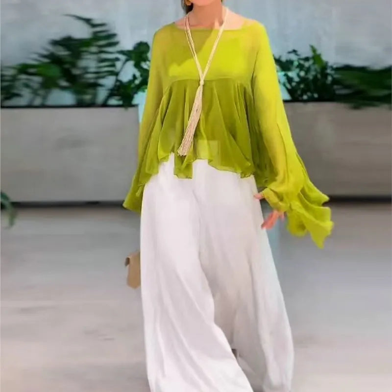 2025 New Temperament Commuter Women's Set Fashion Solid Color Loose Long Sleeve Top Casual Simple Wide-leg Pants Two-piece Set