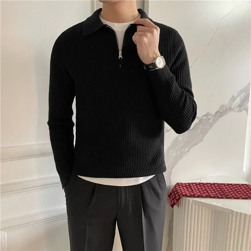 England Solid Color Polo Shirts Spring Autumn Waffle Long Sleeve Men's Clothing Polo-Neck Fashion Zipper Casual Knitted T-shirts