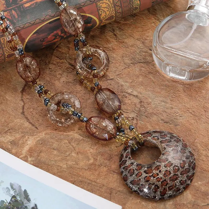 Ethnic Sle Round Resin Leopard Long Sweater Chain Necklace Retro Crystal Pendant Female Jewelry Neck Accessories