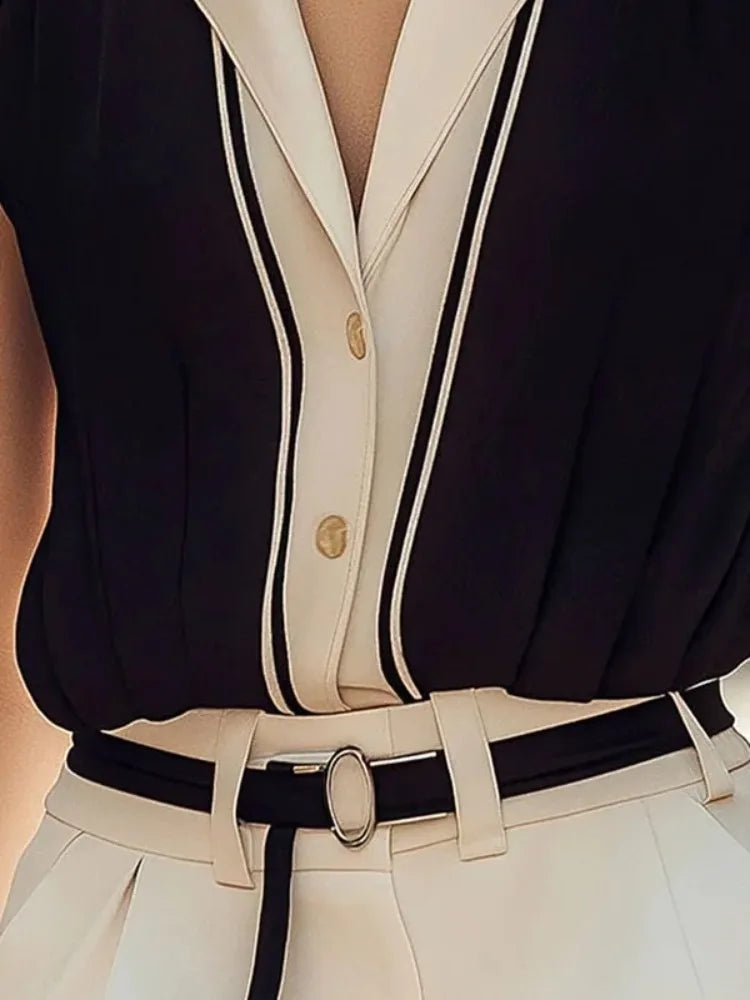 Bonboho Women's Black & White Notched Collar Sleeveless Blouse & Shirt Contrast Color Buttoned T-Shirt Female Elegant Vest Tops