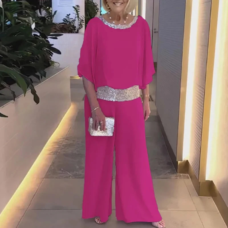 Pink Sequin Spinning Tunic Suit Women Spring O Neck Top Pullover & Wide Leg Pants Outfit Summer Batwing Sleeve Loose Chiffon Set