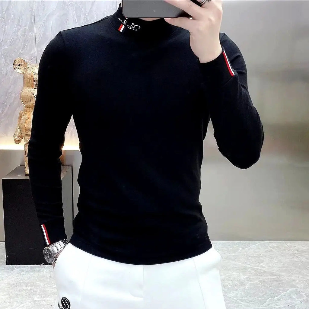 Autumn New Men Chic Thicken T-Shirts Thermal Half High Collar Bottoming Cootrast Color Long Sleeve Elastic Slim All-match Tops