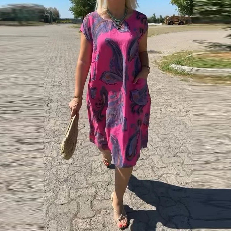 Casual High Waisted Loose Pocket Dress Women Short Sleeve O Neck Vestidos Dress Retros Pattern Printed Loose Commute Mid Dresses