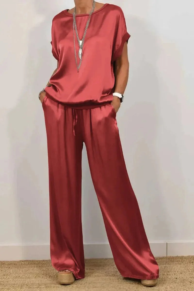 Casual Loose Satin T Shirt And Pants Two Piece Sets Women Summer Solid Short Sleeve T Shirts Suit Elegant Wide Leg Pants Sets