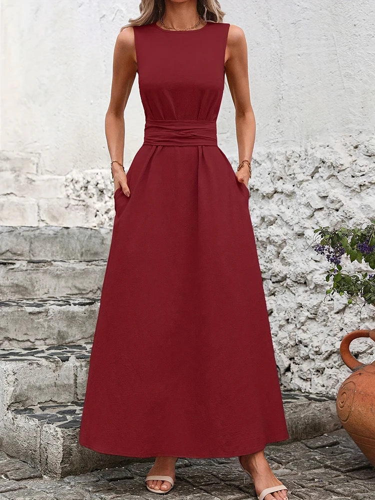 Stylish Sleeveless Summer Dress A-line Maxi Long Dresses With Pockets Sashes Solid Elegant Women's Dresses 2025 Woman Clothing