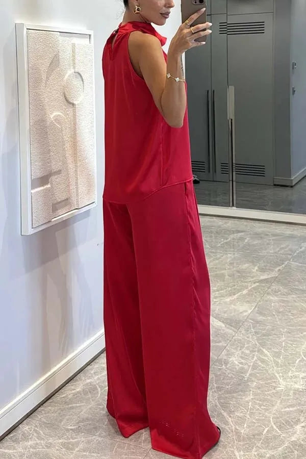 Summer Women Casual Satin Solid Color Commuting Suit Simple Loose Outfit Fashion O-neck Sleeveless Top and Long Pants 2pcs Set