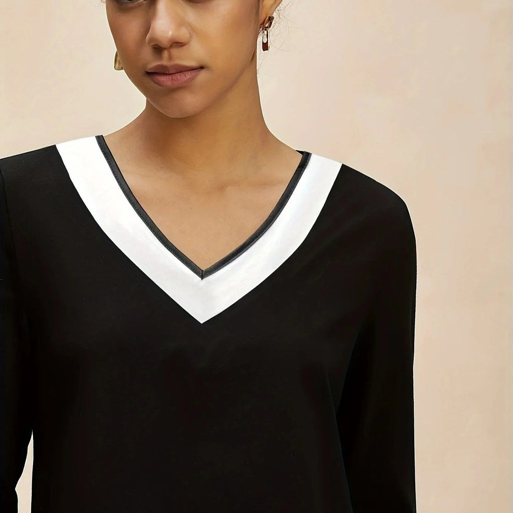 Women Top Stripe Print T Shirt 2025 Autumn Winter V Neck Full Sleeve Tees Patchwork Office Lady Casual Female Basis Tops