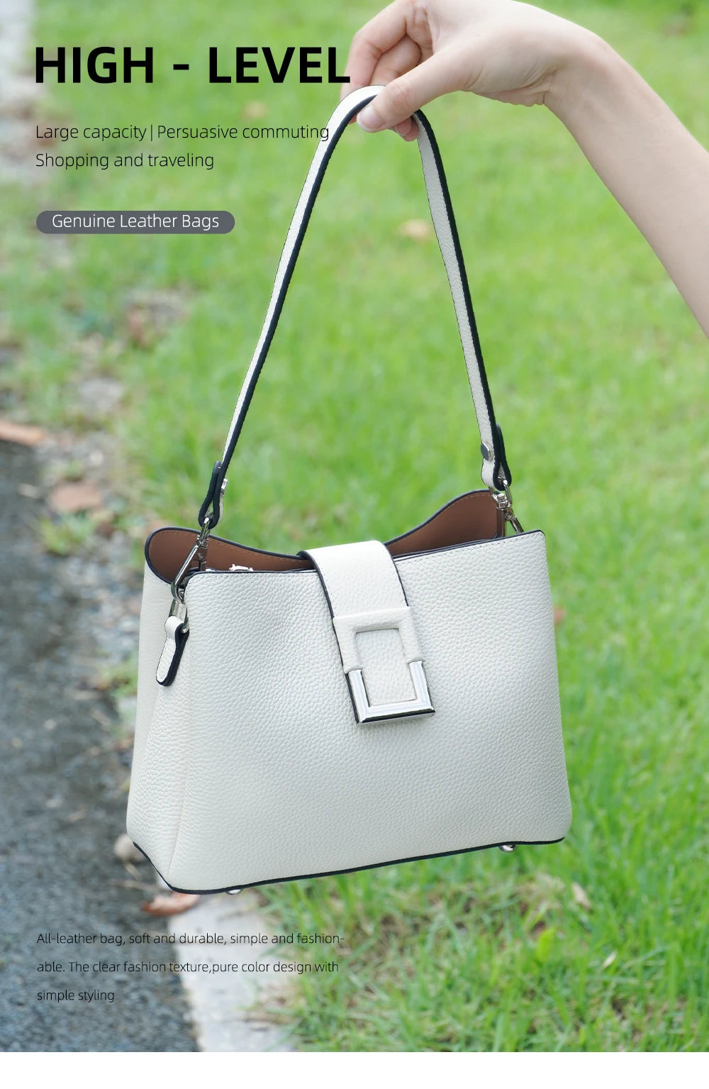 Zency Genuine Leather White Designer Noble Shopper Shoulder Bag Commuter Large Bucket Handbag Women Tote Bucket Cross Body Bag