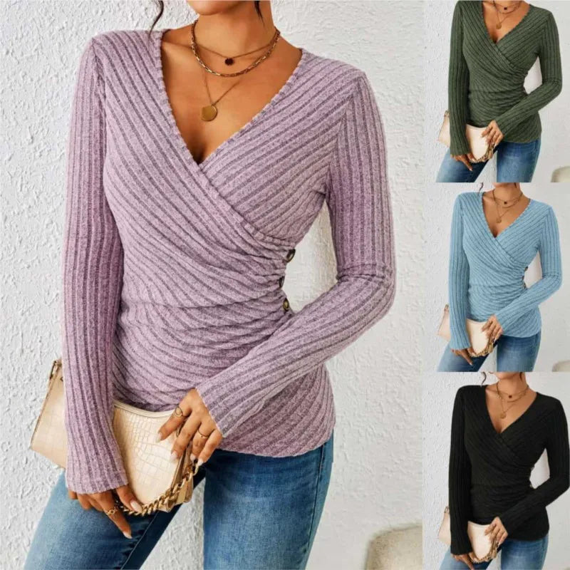 Women's Bodycon Blouses Spring Autumn New Fashion Sexy Solid Color Pit Strip Slim Long Sleeve Knitting Top For Women Casual
