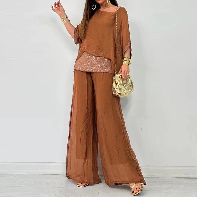Spring Splicing Sequin Chiffon Set Women Casual Round Neck Top Pullover & Wide Leg Pants Suit Summer Batwing Sleeve Loose Outfit