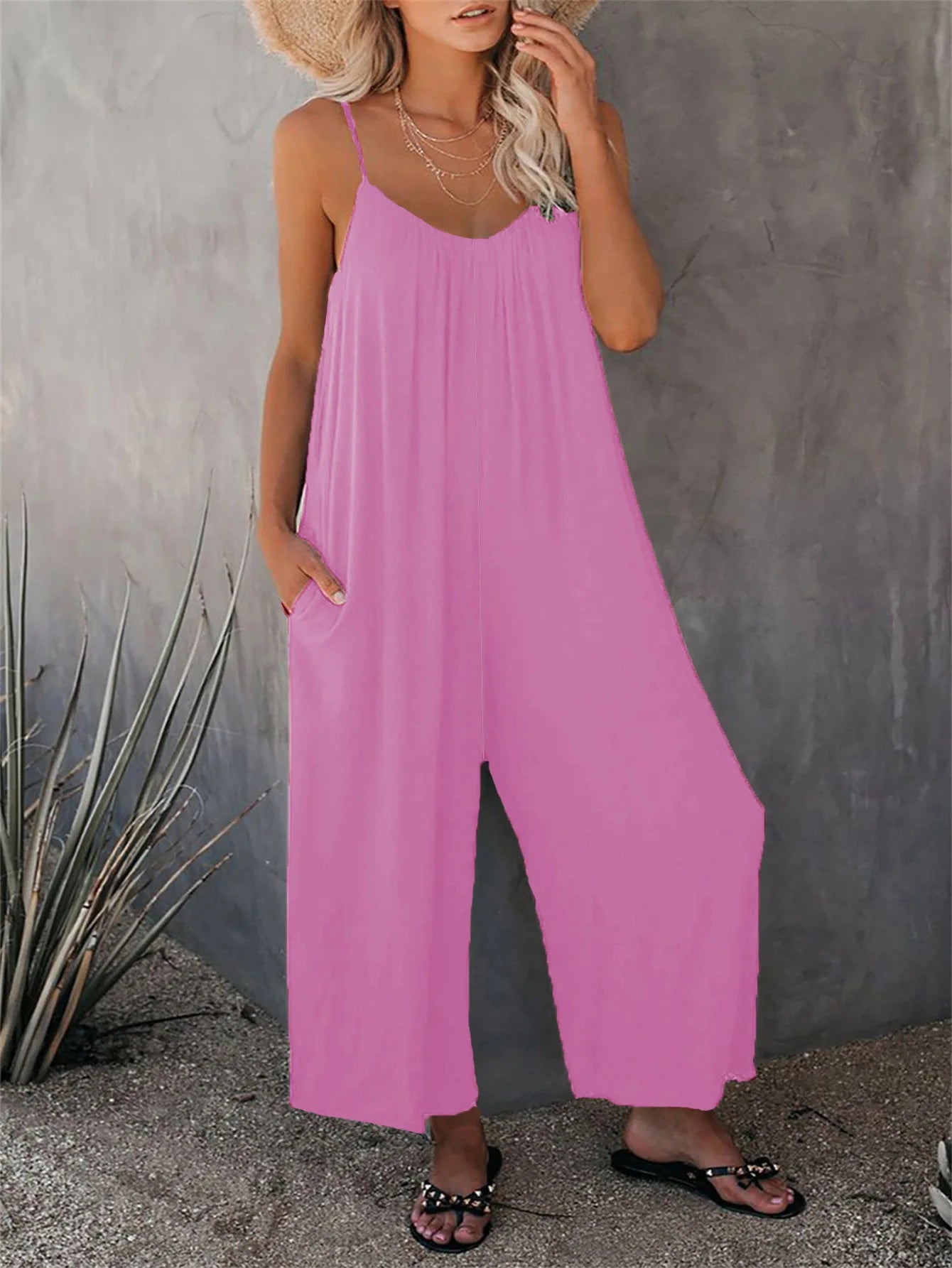 Mono de camisola para mujer, peto holgado informal con bolsillo de Color liso, rojo sin mangas, Sexy, versátil, novedad de verano 2024