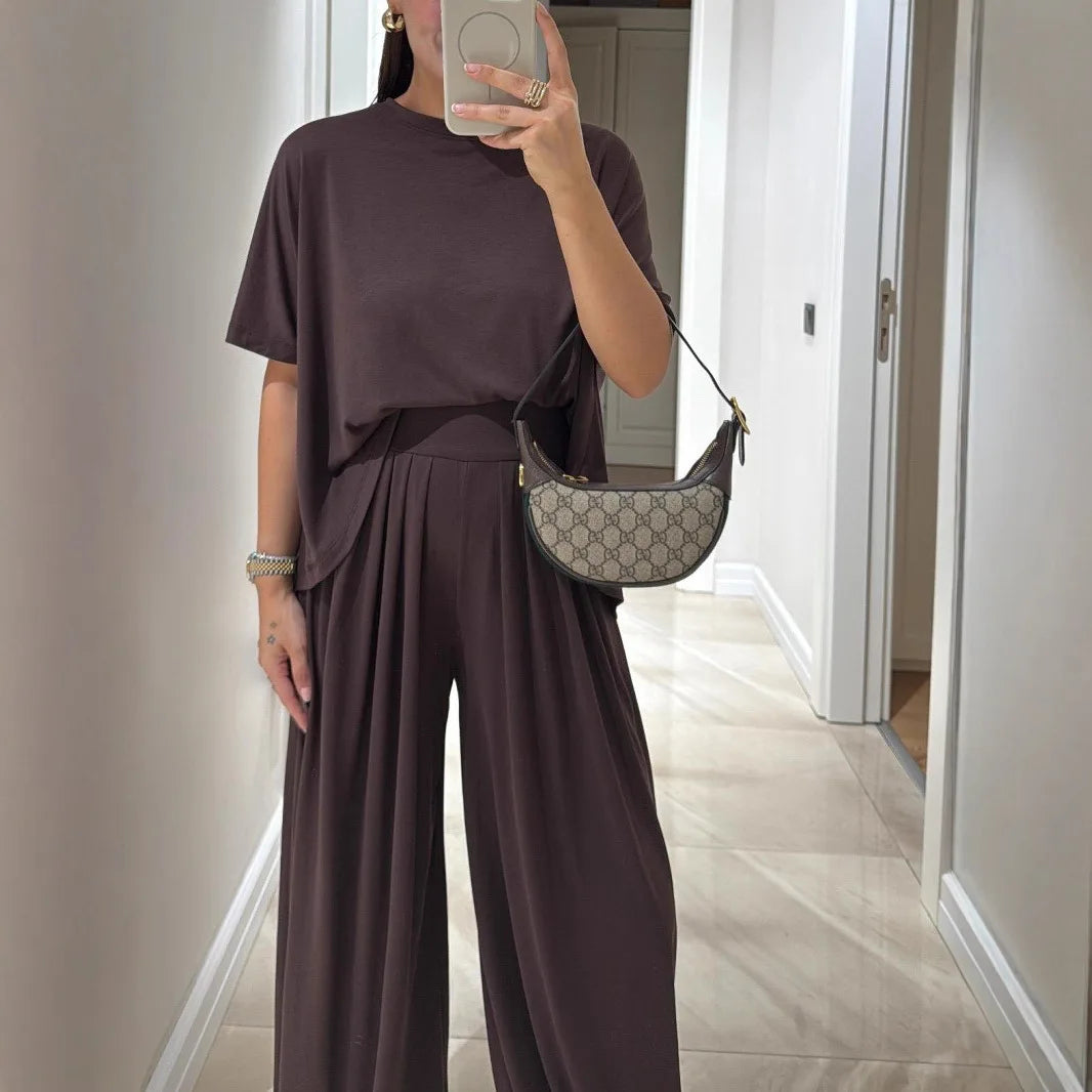 Casual T Shirt Short Sleeved Women's Top 2 Piece Set Summer Elegant Fashion Loose High Waist Wide-leg Trousers Female Pants Sets