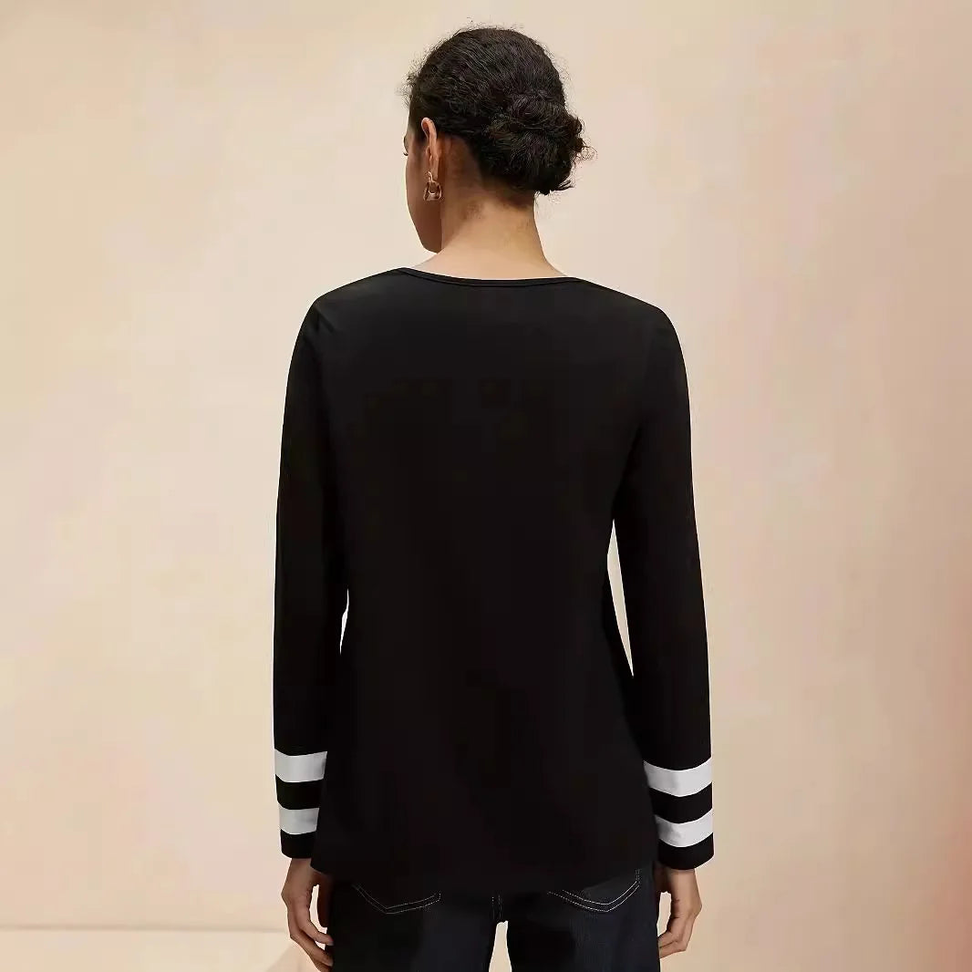 Women Top Stripe Print T Shirt 2025 Autumn Winter V Neck Full Sleeve Tees Patchwork Office Lady Casual Female Basis Tops