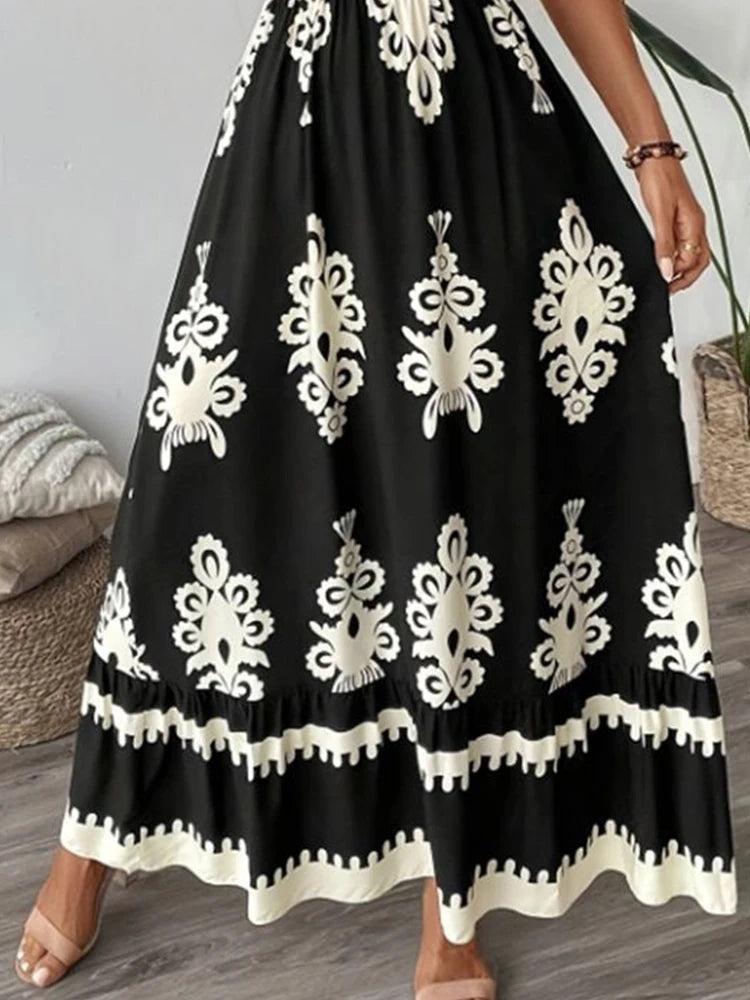 Women Elegant V Neck Short Sleeves Dresses Geometric Pattern Vacation Style Floral Print Dress Beach Sundress Size S-XXL