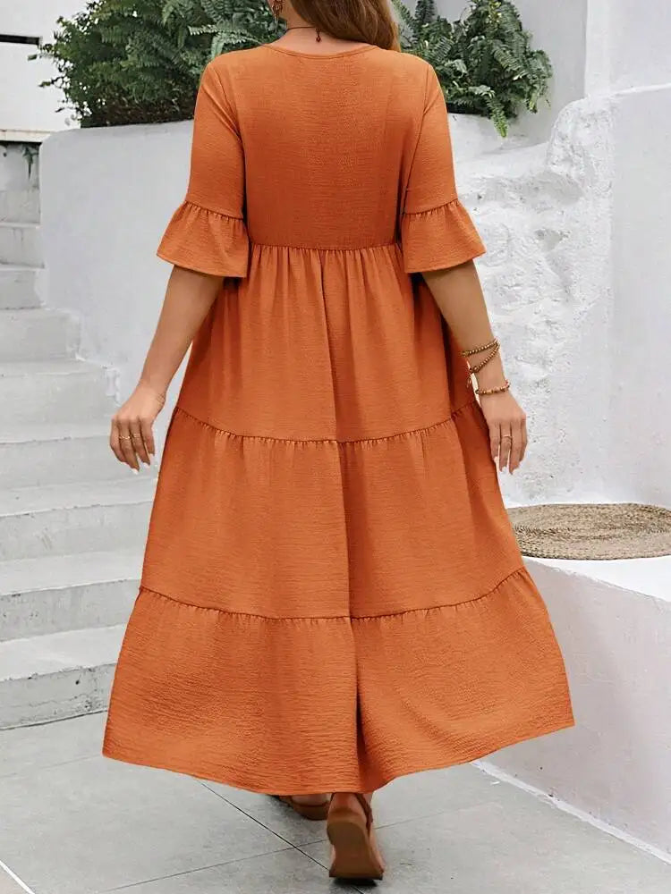 2024 Spring and Summer New Large V-neck Splicing Multi color Multi plus size Long Style Large Swing Dress
