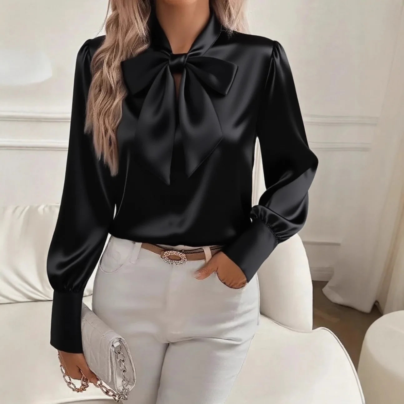 Elelgant Bow Loose Blouse Women 2025 Autumn Winter Fashion Long Sleeve Shirts Tops Casual