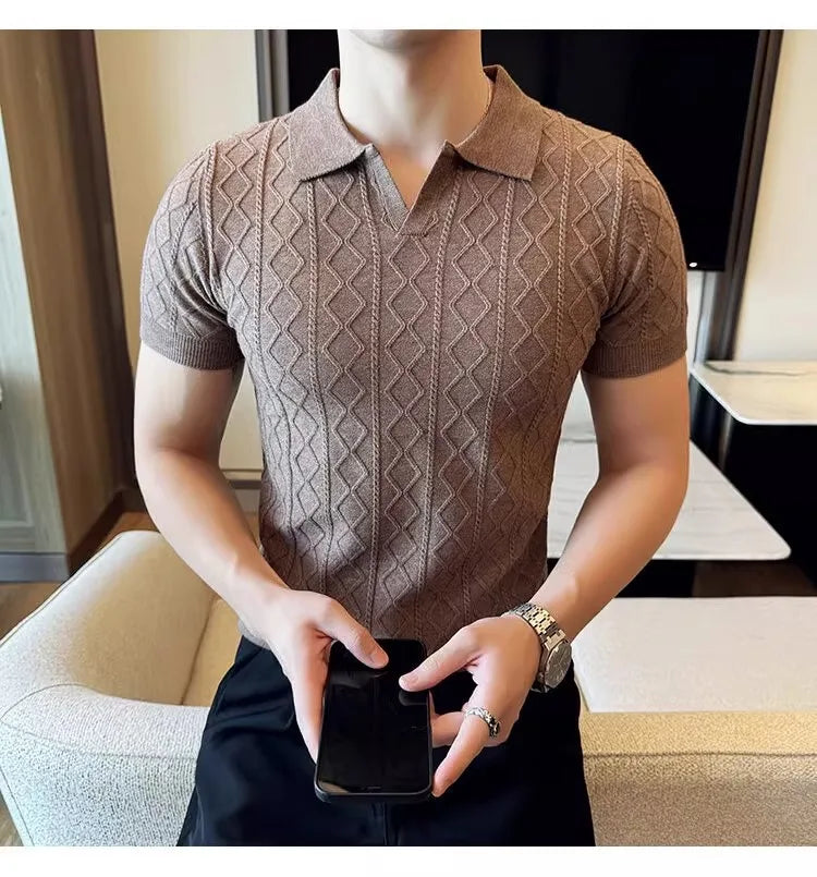 Summer Knitted Solid Color V-Neck Quick Drying Breathable Cool Business Slim Fit Casual Men's Golf Polo Shirt T-Shirt Top