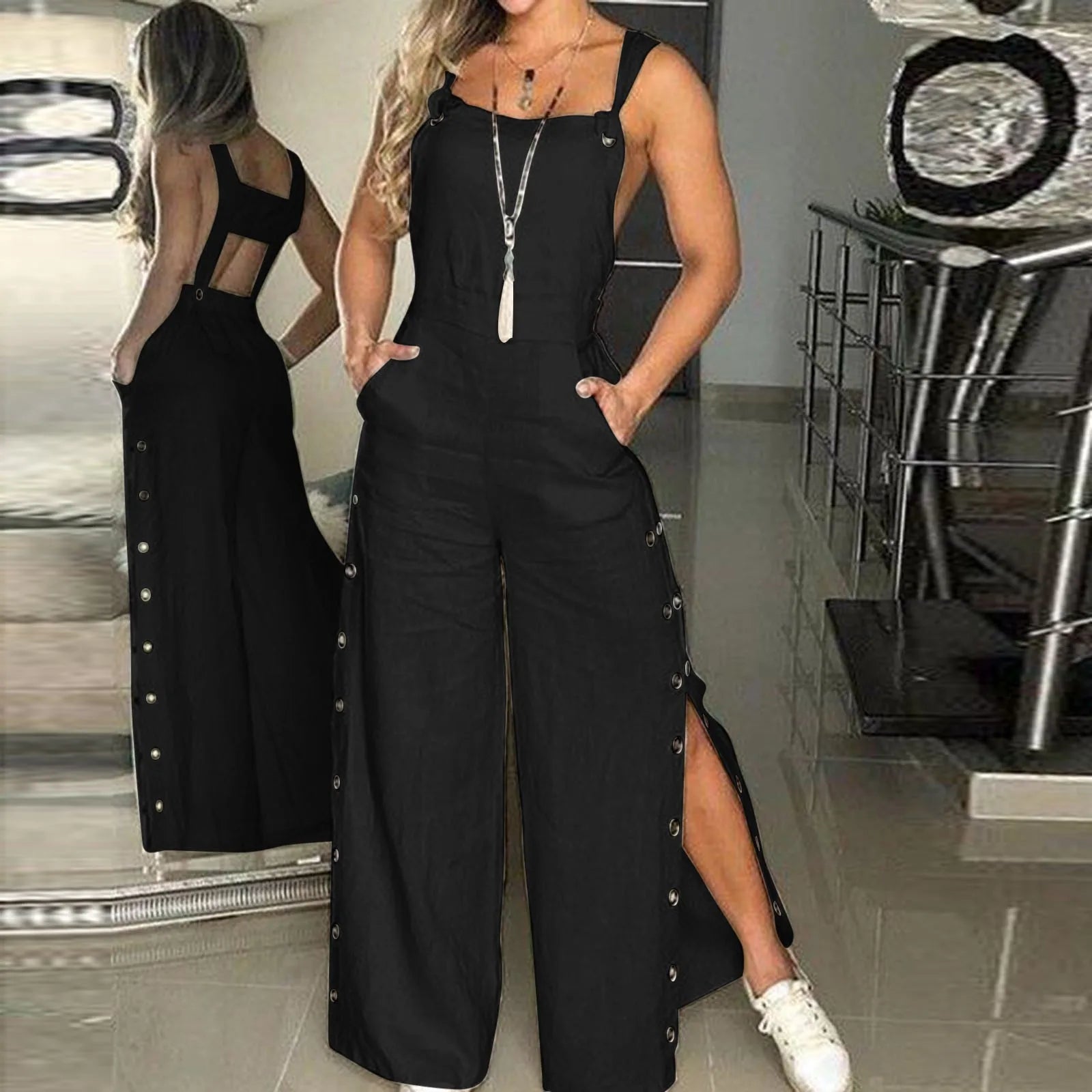 Monos de lino y algodón sin mangas para mujer, monos con apertura de botones laterales y tiras, pantalones largos sueltos de pierna ancha, monos femeninos de verano