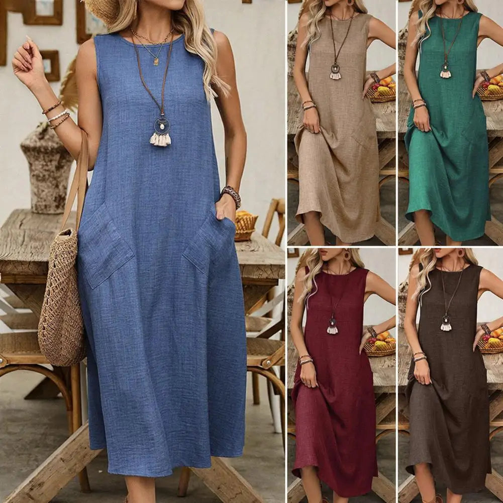 Women Fashion Solid Color Crew Neck Sleeveless Long Dress Dress Women's Maxi Dresses with Pockets for Summer Beach Vacation