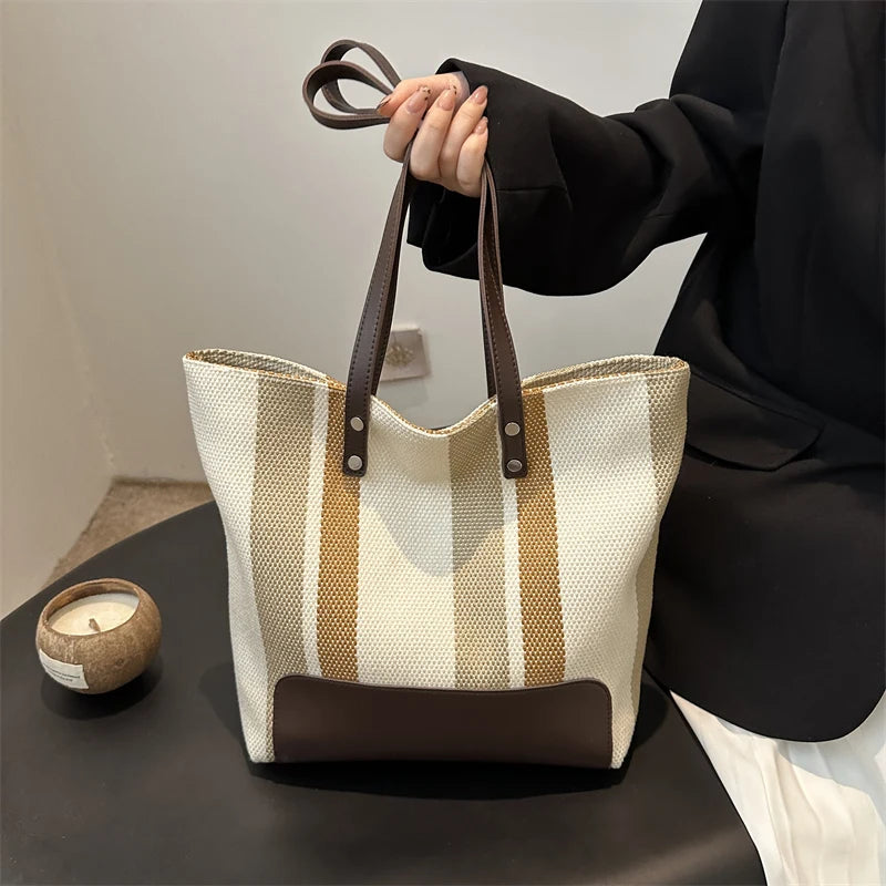 Women Canvas Tote Bag Striped Shoulder Bag Trendy Large Capacity Satchel Bag for Work Travel Shopping