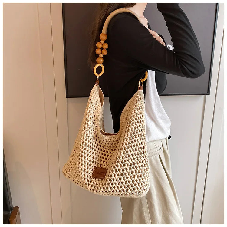 FLYING STARS Brand Fashion Women's Shoulder Bag Large Capacity Beach Vacation Bag Knitted Bag for Women Hollow Knitted Handbag
