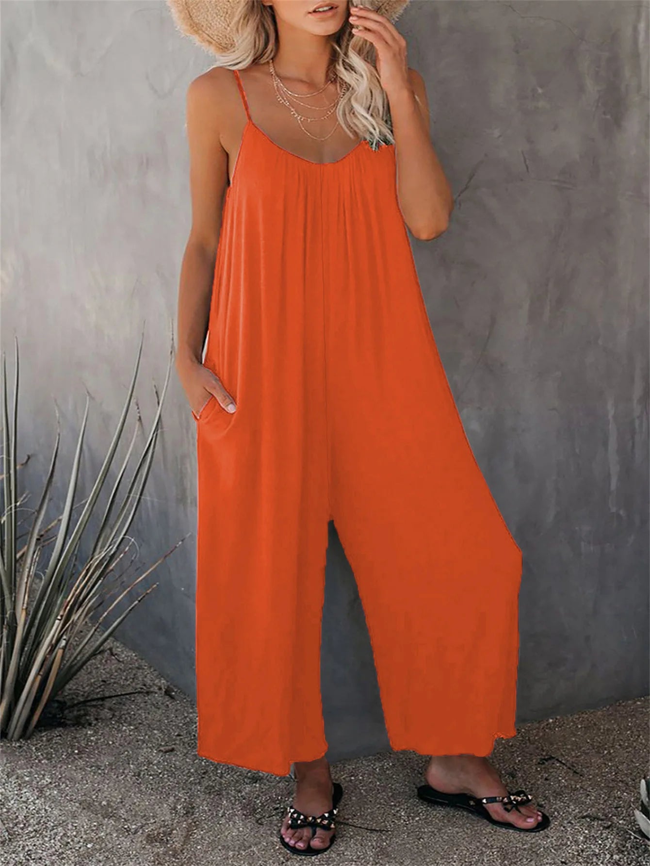 Mono de camisola para mujer, peto holgado informal con bolsillo de Color liso, rojo sin mangas, Sexy, versátil, novedad de verano 2024
