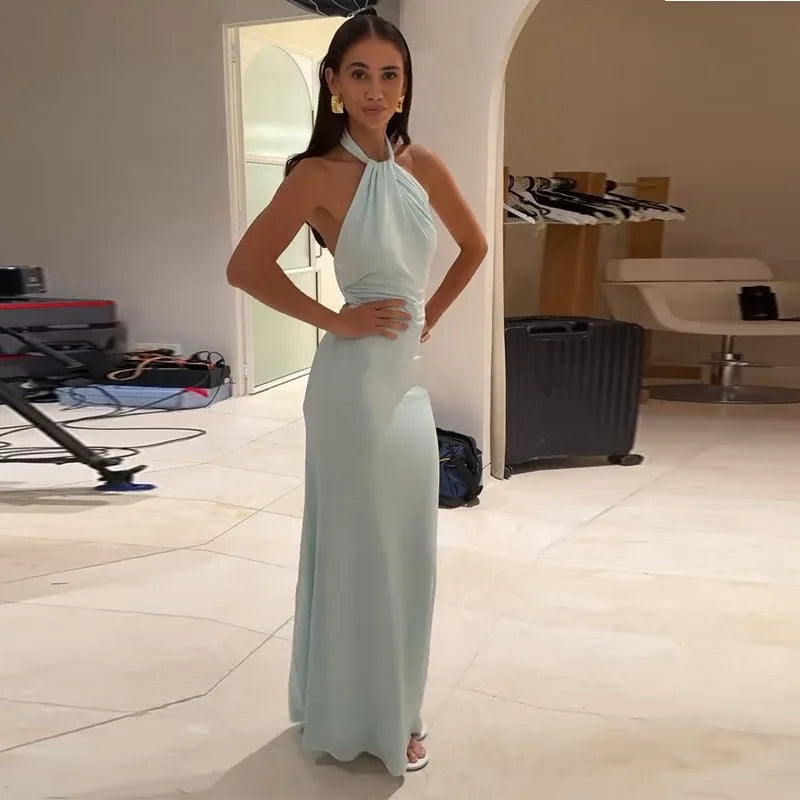 Women Long Bodycon Dress Sleeveless Halter Neck Backless Cold Shoulder Mermaid Guest Ruched Prom Party Club Going Out Maxi Dress