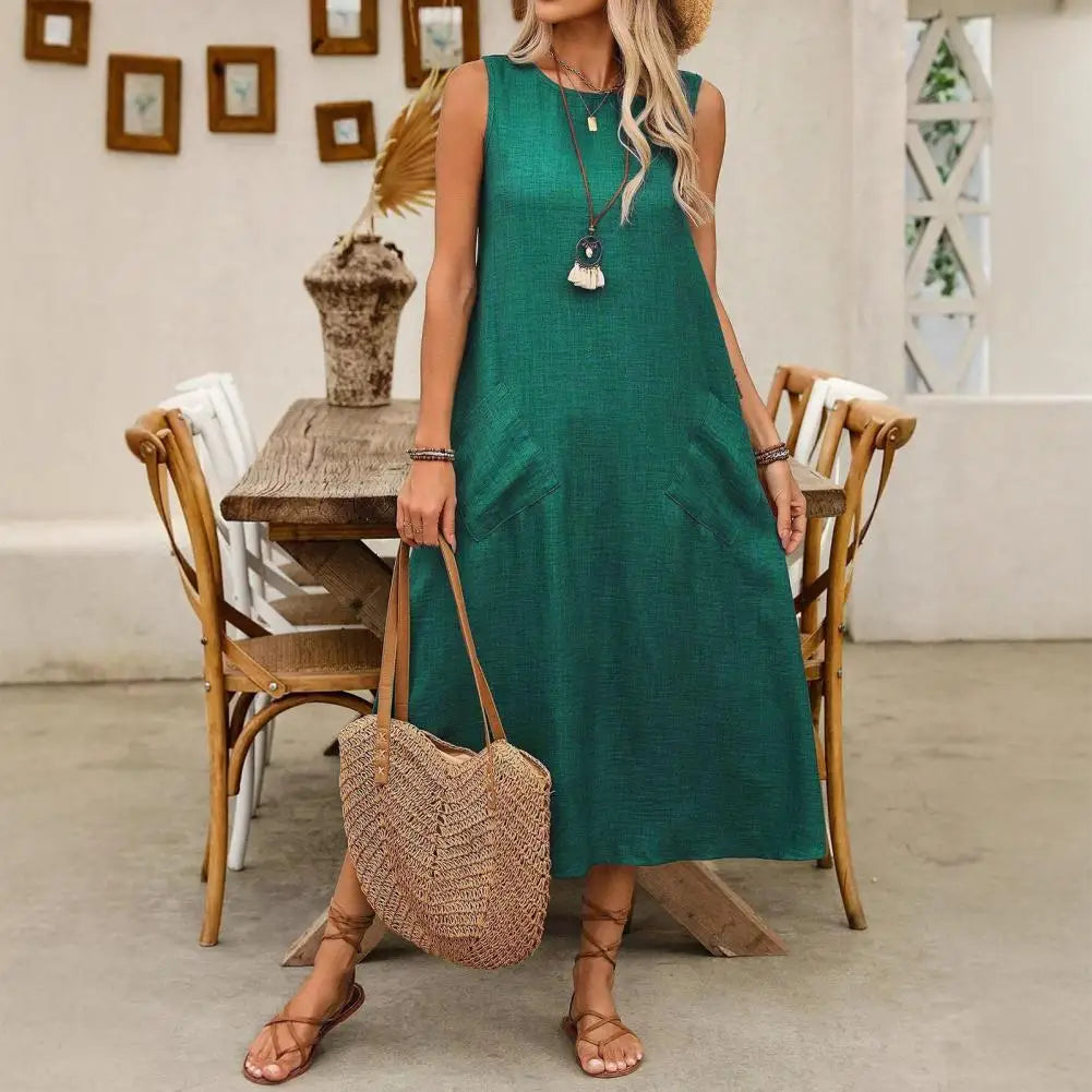 Women Fashion Solid Color Crew Neck Sleeveless Long Dress Dress Women's Maxi Dresses with Pockets for Summer Beach Vacation