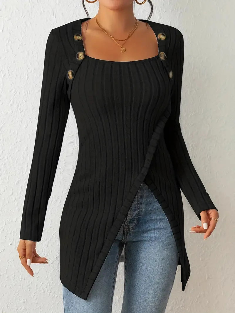 2025 Women's Button  Asymmetrical Hem T-Shirt Casual Fashion Square Neck Solid Long Sleeve Top For Spring Fall Women Clothing