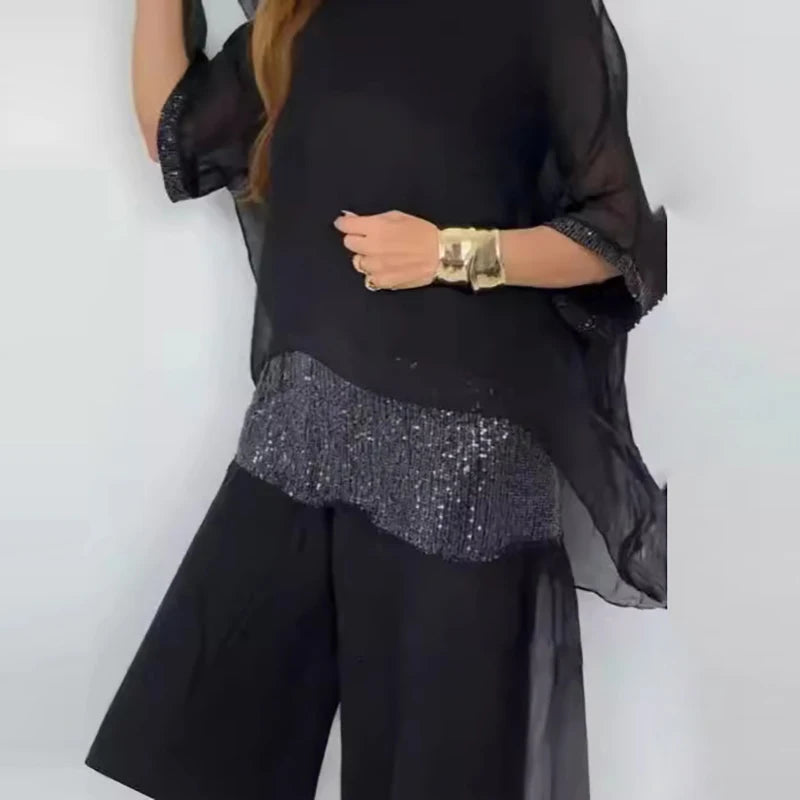 Spring Splicing Sequin Chiffon Set Women Casual Round Neck Top Pullover & Wide Leg Pants Suit Summer Batwing Sleeve Loose Outfit