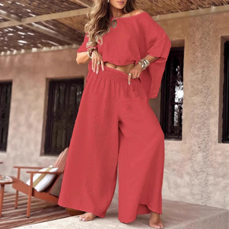 2025 Spring O-Neck Loose Women's Suit Sexy Off Shoulder Top Pullover & Wide Leg Pant Sets Summer Female Two Piece Casual Outfits