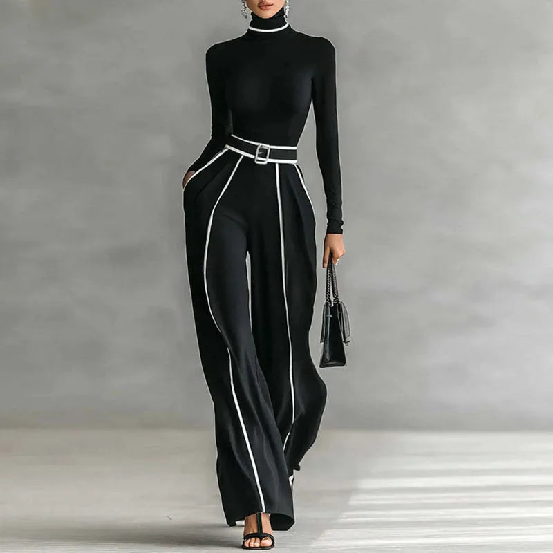 Winter Turtleneck Long Sleeve 2 Piece Sets Retro Solid Slim Top Pullover+Wide Leg Pant Suits Fall Contrast Color Straight Outfit