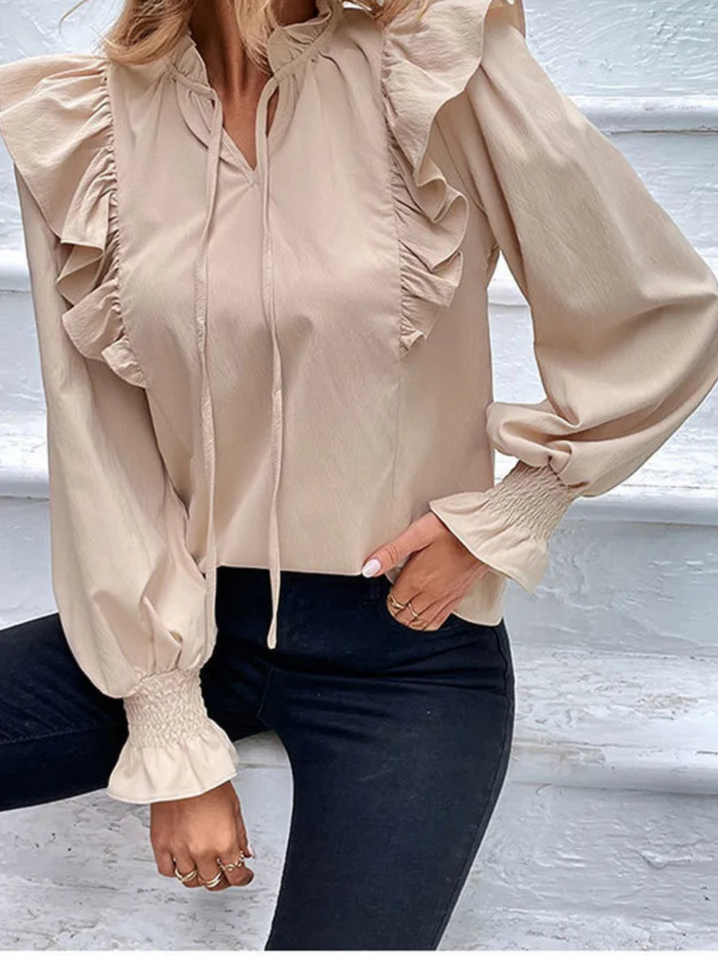 2025 Elegant Spring Female Solid Ruffle Shirt Women Casual Lantern Long Sleeve Top Autumn Office Lady Pullover Tops Clothes