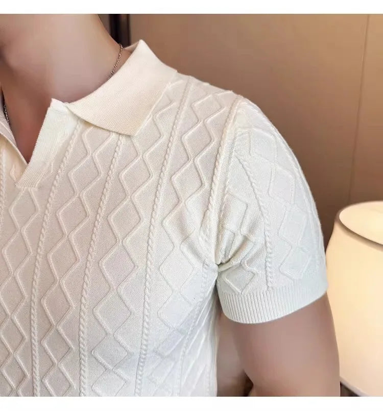 Summer Knitted Solid Color V-Neck Quick Drying Breathable Cool Business Slim Fit Casual Men's Golf Polo Shirt T-Shirt Top