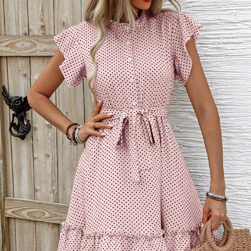 Elegant Summer Women's Dress with Pleated Sleeve A- Line Skirt Belted Midi Dress Chinese Style Fashionable Casual Dress
