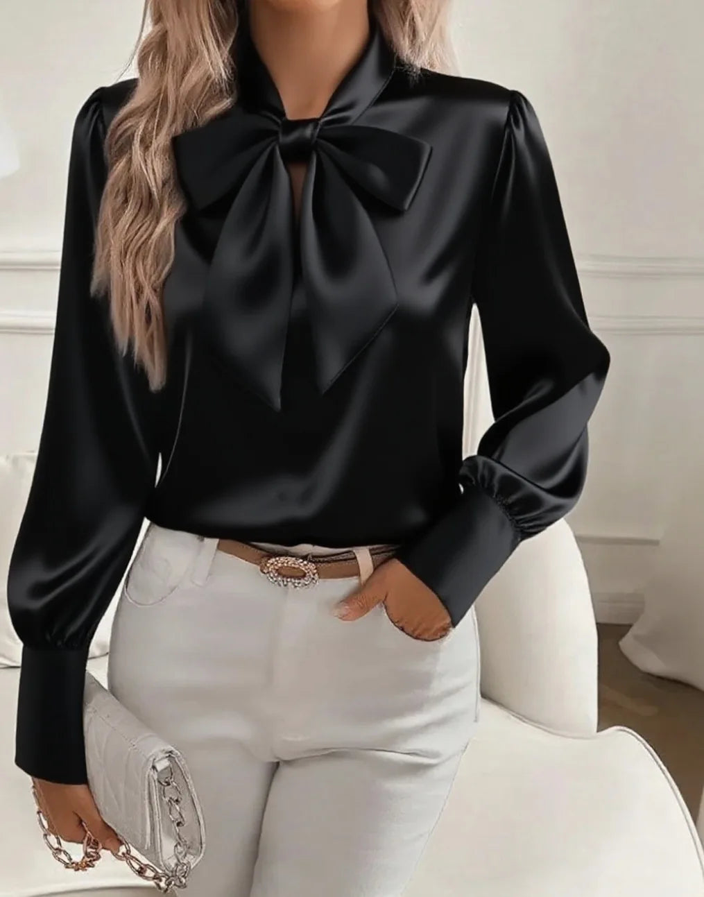 Elelgant Bow Loose Blouse Women 2025 Autumn Winter Fashion Long Sleeve Shirts Tops Casual