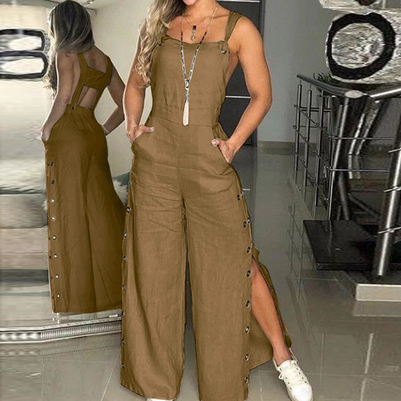 Monos de lino y algodón sin mangas para mujer, monos con apertura de botones laterales y tiras, pantalones largos sueltos de pierna ancha, monos femeninos de verano