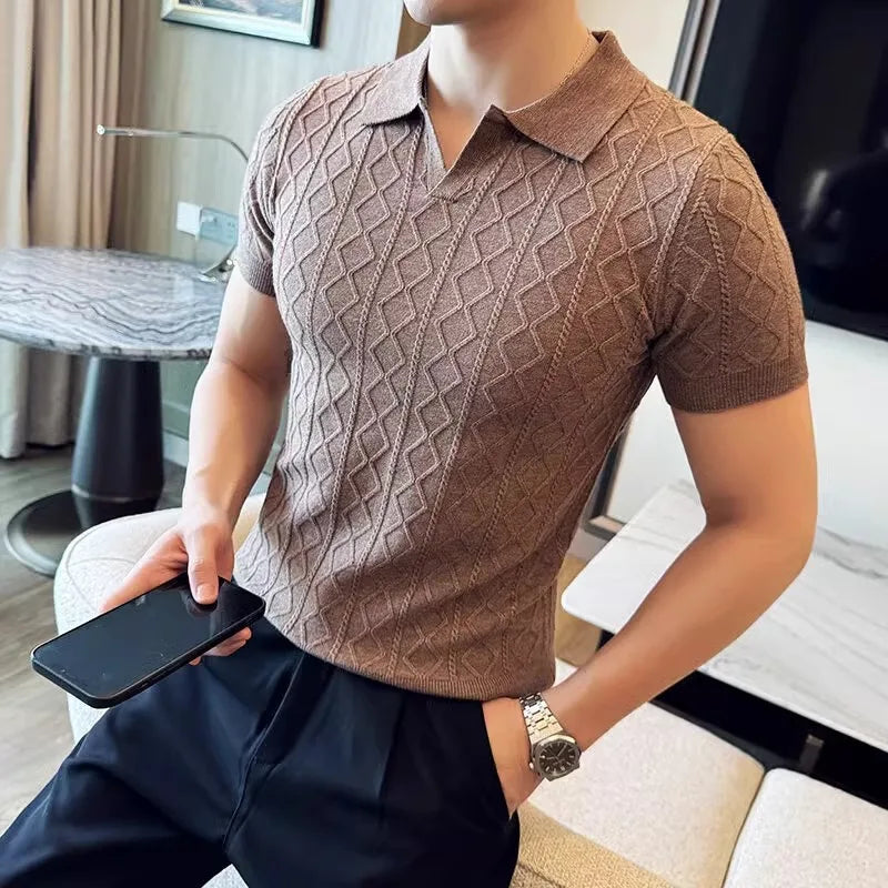 Summer Knitted Solid Color V-Neck Quick Drying Breathable Cool Business Slim Fit Casual Men's Golf Polo Shirt T-Shirt Top