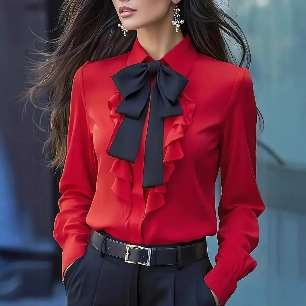 Women Casual Long Sleeve Blouse Elegant Lapel Bow Loose Shirt Spring Autumn Solid Office Lady Tunics Streetwear Oversize Tops