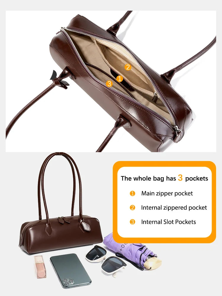 Zency Fashion Designer Underarm Bag Ladies Handbag Premium Oil Wax Leather Shoulder Bag Ladies Satchel French Style New Trendy