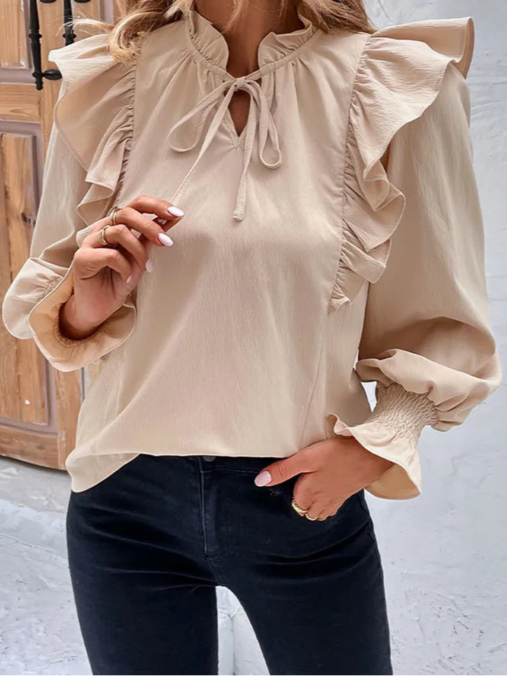 2025 Elegant Spring Female Solid Ruffle Shirt Women Casual Lantern Long Sleeve Top Autumn Office Lady Pullover Tops Clothes