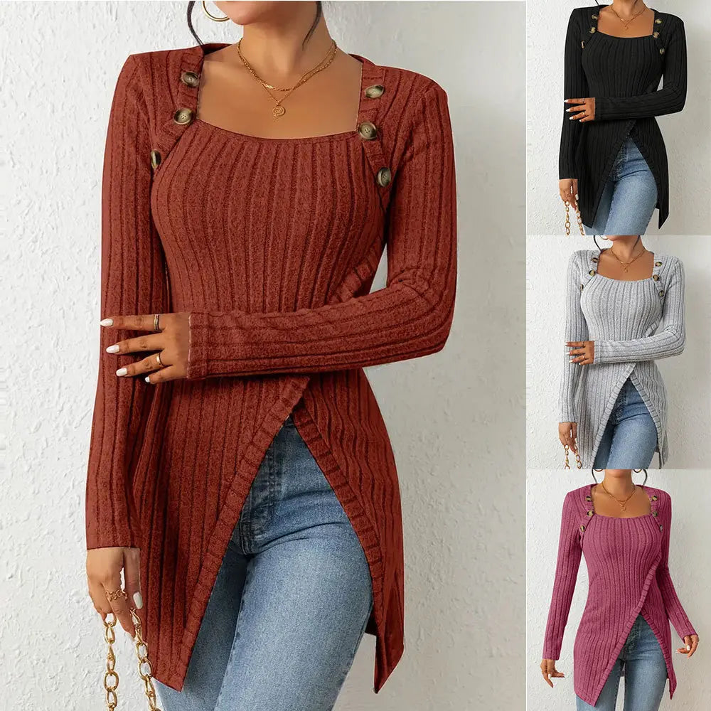 2025 Women's Button  Asymmetrical Hem T-Shirt Casual Fashion Square Neck Solid Long Sleeve Top For Spring Fall Women Clothing