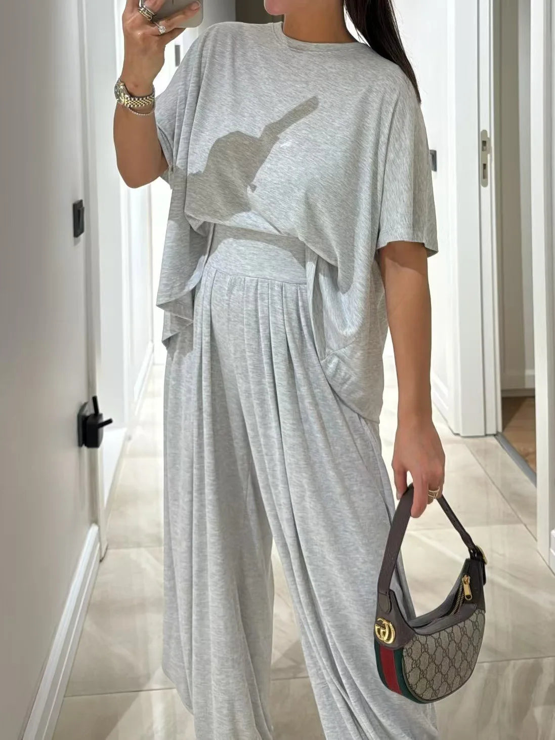 Casual T Shirt Short Sleeved Women's Top 2 Piece Set Summer Elegant Fashion Loose High Waist Wide-leg Trousers Female Pants Sets