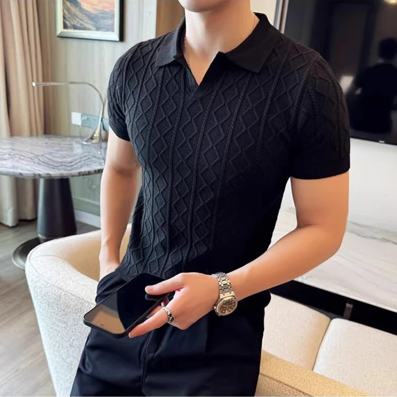 Summer Knitted Solid Color V-Neck Quick Drying Breathable Cool Business Slim Fit Casual Men's Golf Polo Shirt T-Shirt Top