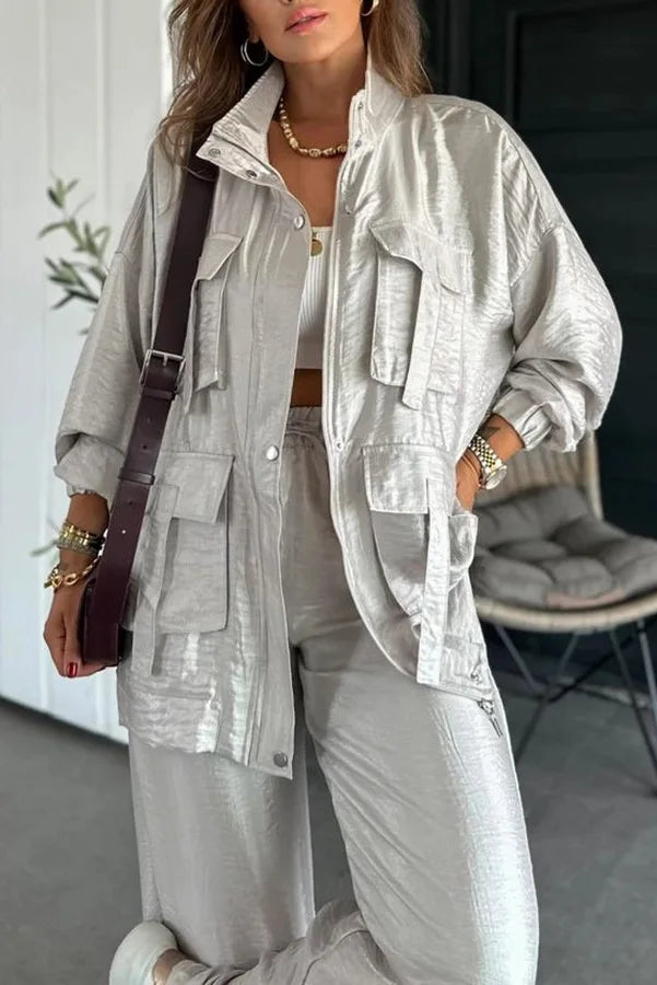 Metallic Women 2 Piece Set Solid Cargo Loose Coats Wide Leg Pants Matching Two Piece Suit Spring Autumn Fashion Street Outfits