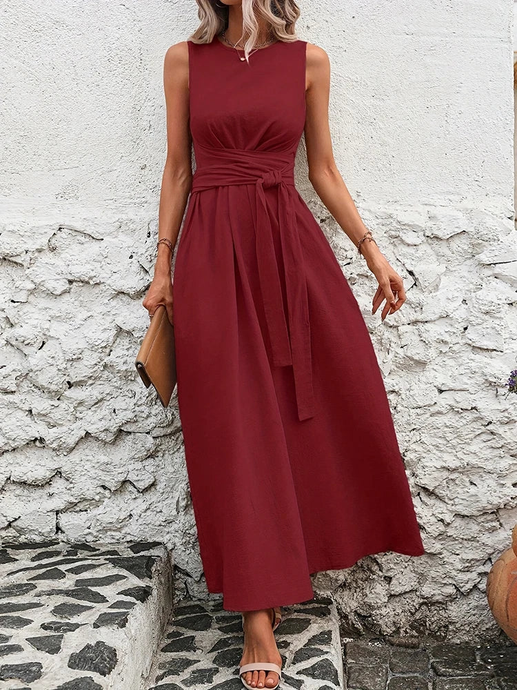 Stylish Sleeveless Summer Dress A-line Maxi Long Dresses With Pockets Sashes Solid Elegant Women's Dresses 2025 Woman Clothing