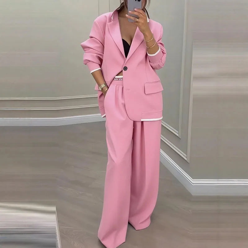 Autumn Casual Women's Suit Set Sexy Turn-down Collar Button Blazer & Straight-leg Pants Set Winter Solid Long Sleeve Chic Outfit