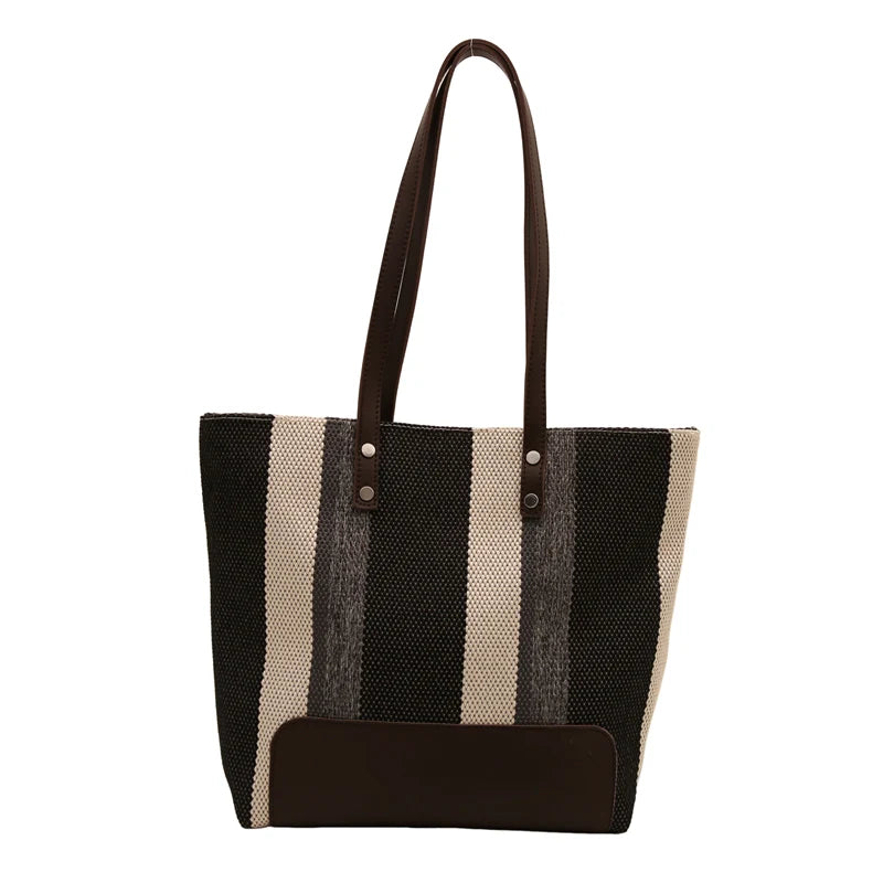 Women Canvas Tote Bag Striped Shoulder Bag Trendy Large Capacity Satchel Bag for Work Travel Shopping