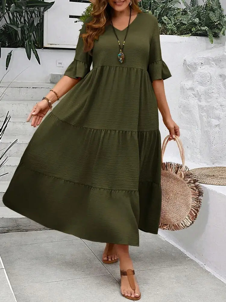 2024 Spring and Summer New Large V-neck Splicing Multi color Multi plus size Long Style Large Swing Dress